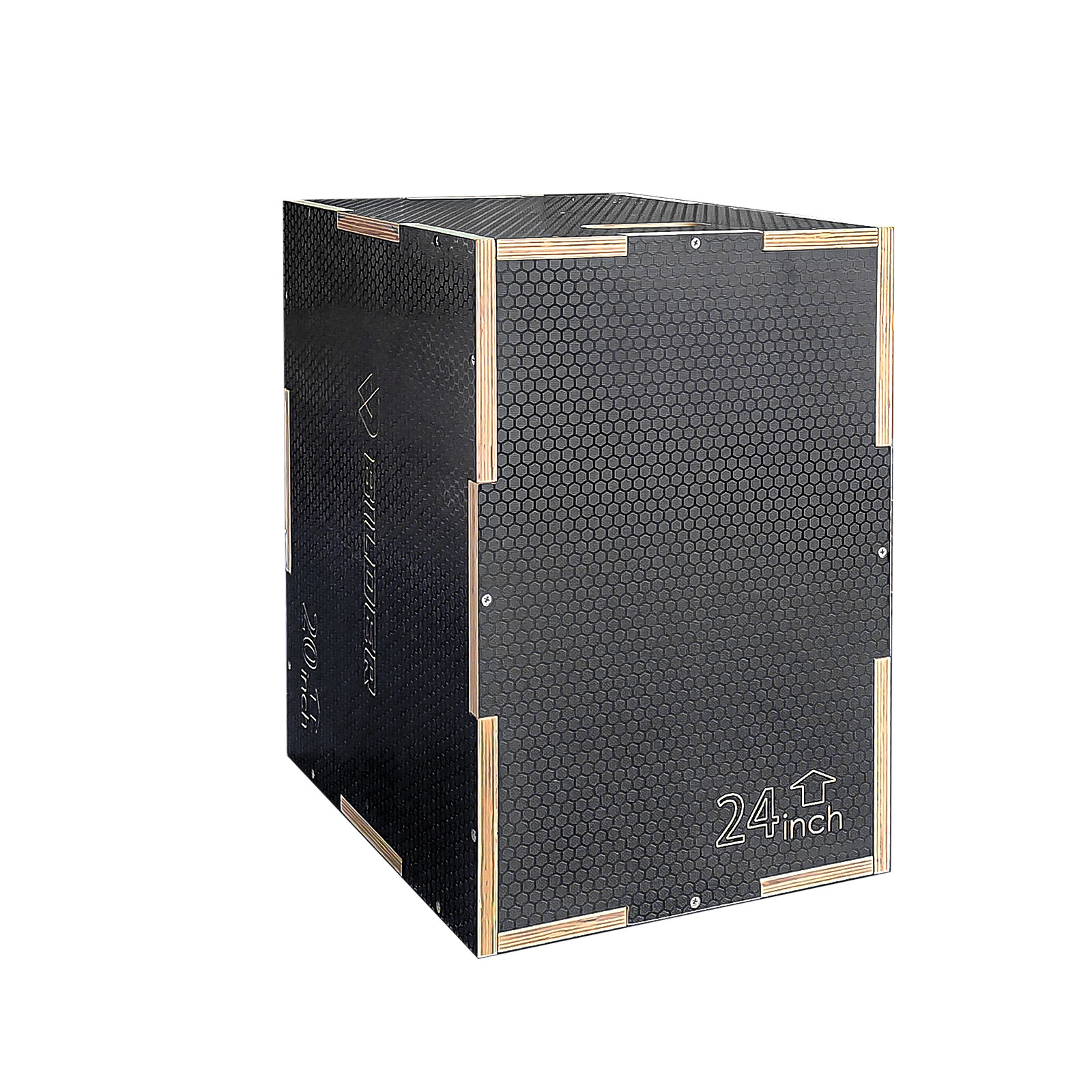 Cubo nero con finiture in legno e testo '24 pollici'. Motivo esagonale.