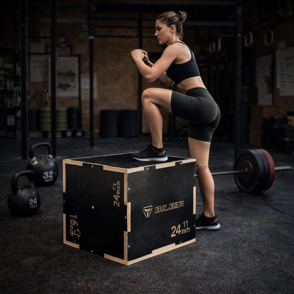 Donna sale su un box pliometrico in palestra, kettlebell e bilanciere sullo sfondo.