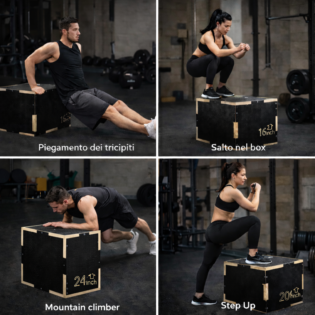Quattro esercizi fitness con box: Dips, Salto nel box, Mountain climber, Step Up.