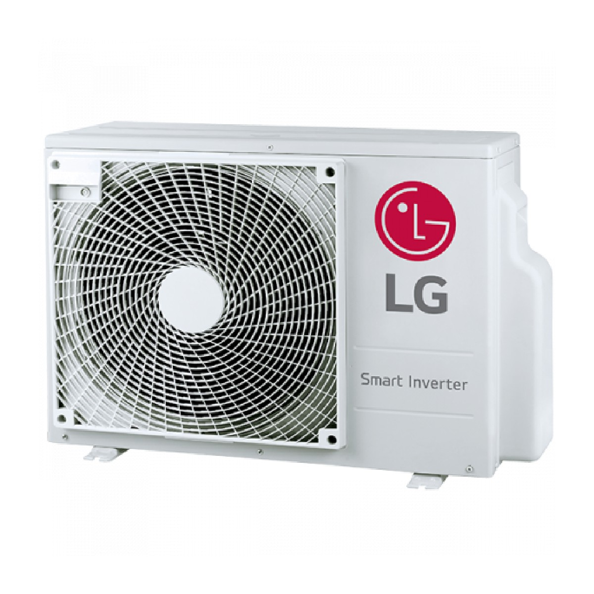 Unità esterna condizionatore LG bianca con ventola e logo.