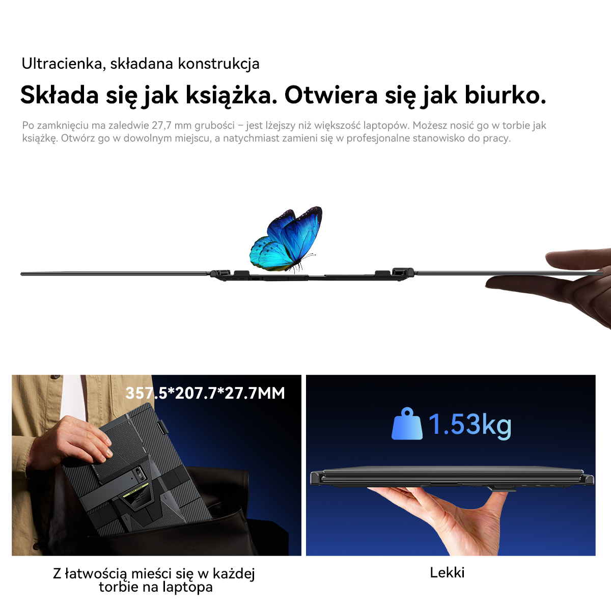 Cienka, składana konstrukcja z niebieskim motylem na laptopie.
