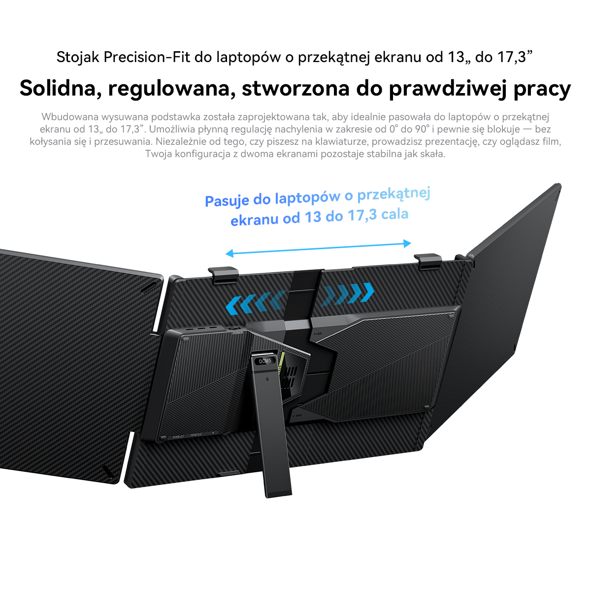 Regulowany stojak na laptopa z czarnym wykończeniem z włókna węglowego i srebrną podstawką.