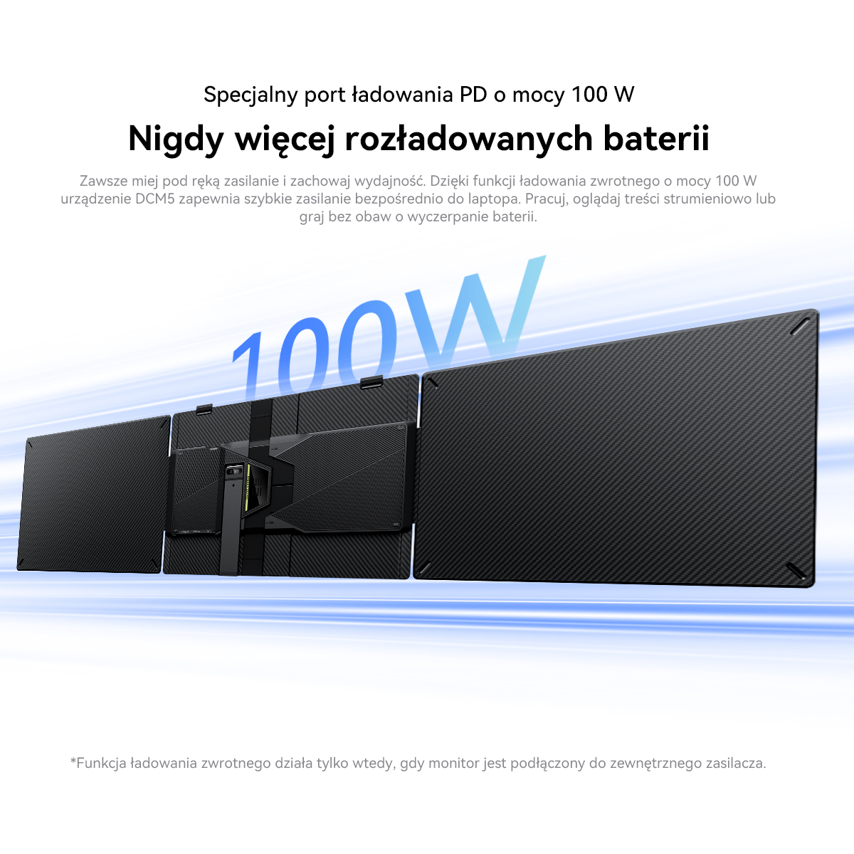 Trzy czarne monitory z wzorem węglowym połączone, z wskaźnikiem ładowania 100W.