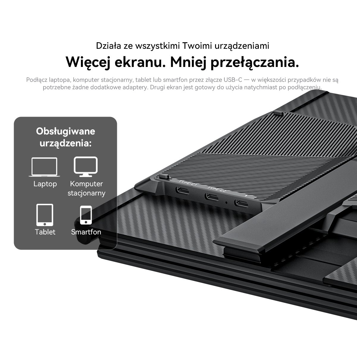 Czarny stojak na laptopa z portami USB-C i ikonami dla laptopa, komputera, tabletu, smartfona.