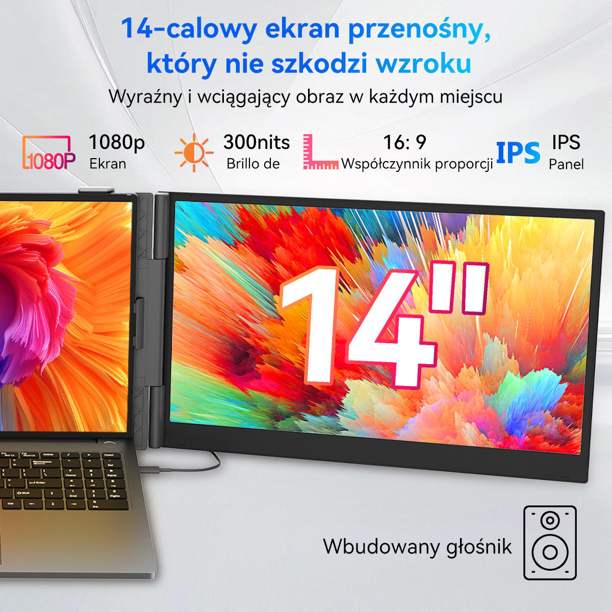 Laptop z dwoma 14-calowymi ekranami, rozdzielczość 1080p.