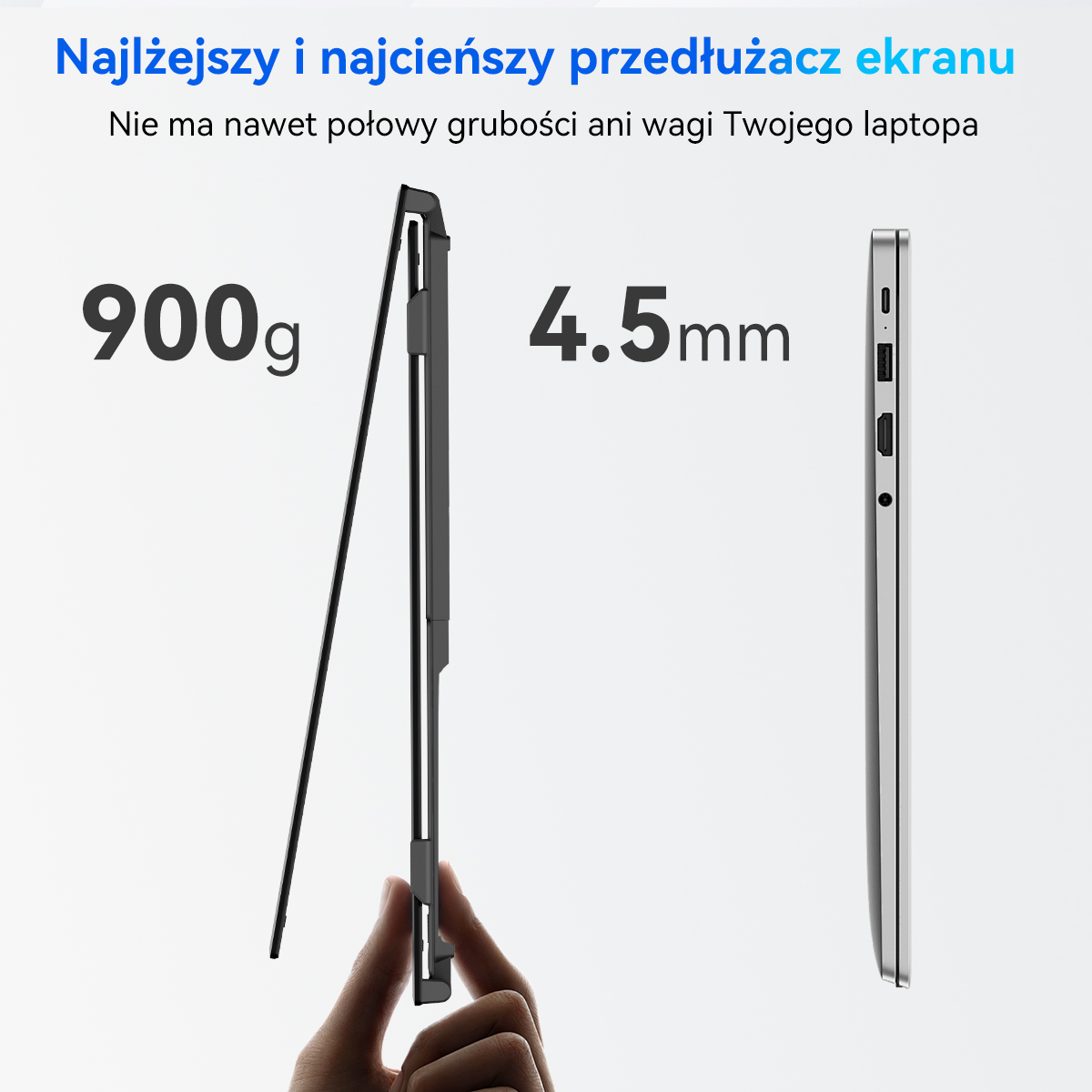 Cienki ekran 900g, 4,5mm trzymany obok laptopa.