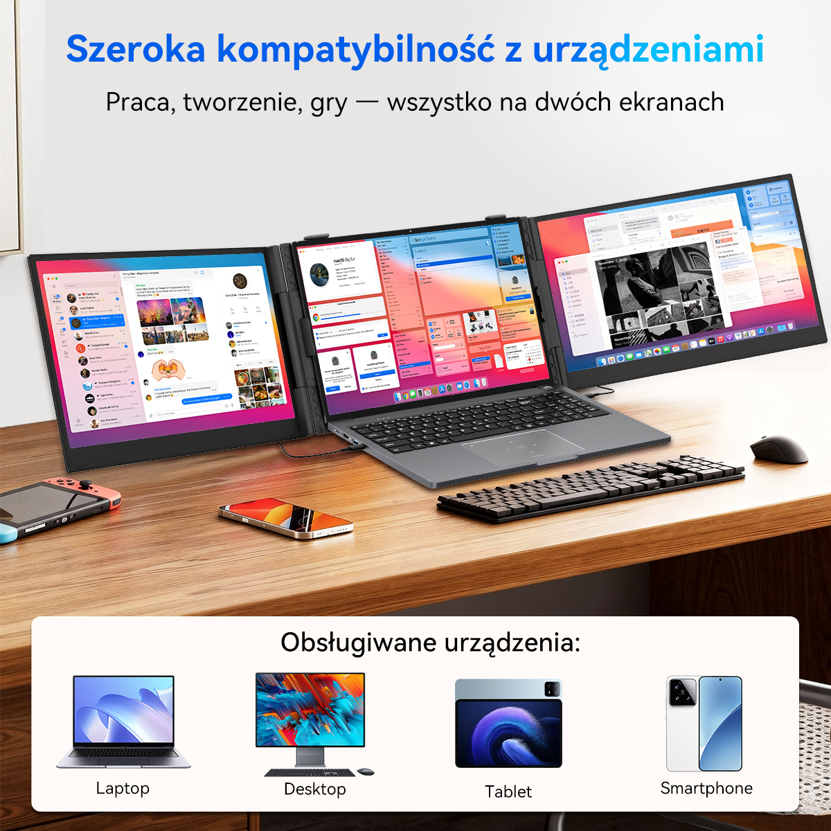 Trzy monitory, laptop, klawiatura, mysz i konsola do gier na biurku.