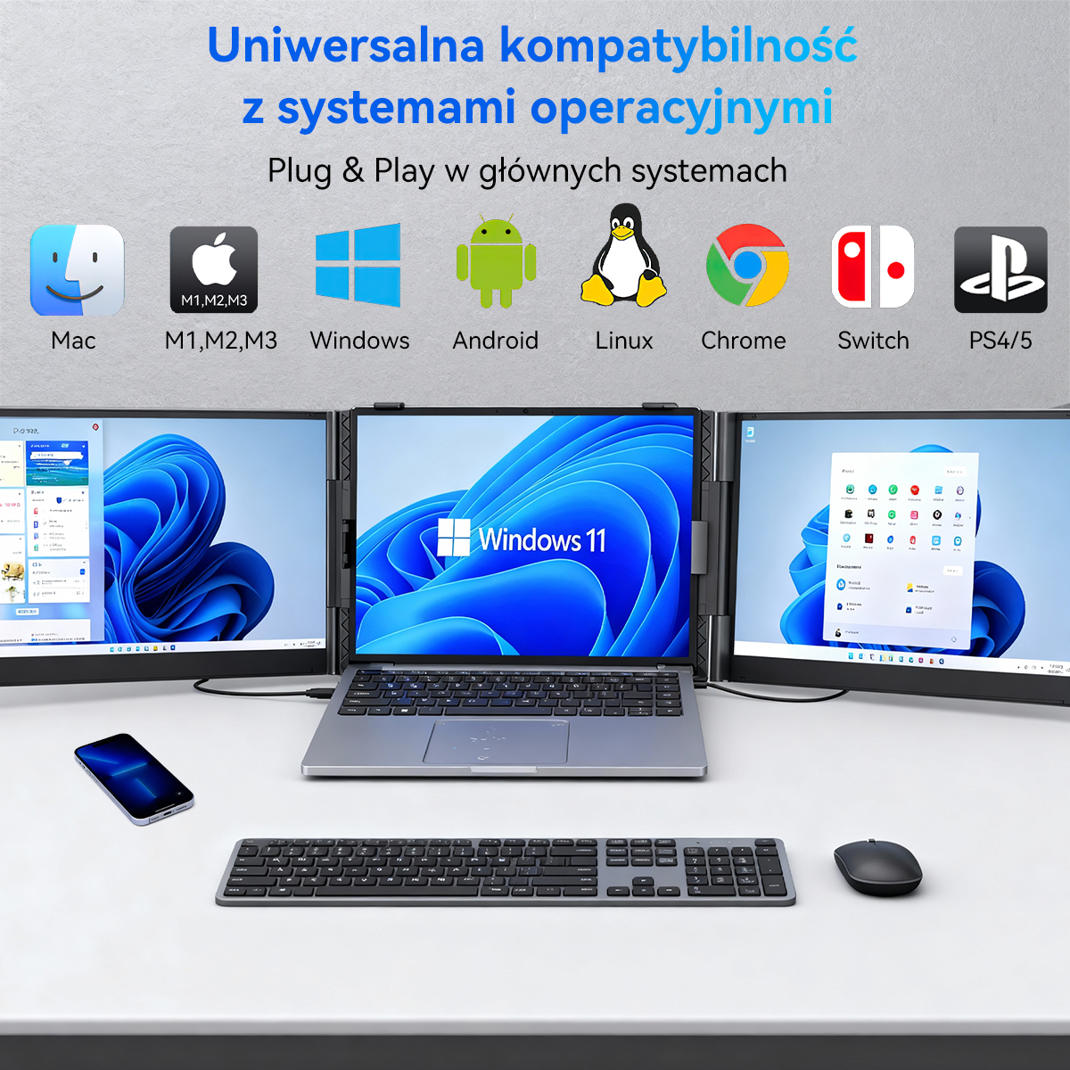 Laptop z trzema ekranami, klawiaturą i myszką. Powyżej loga Mac, Windows, Android, Linux, Chrome, Switch i PS4/5.