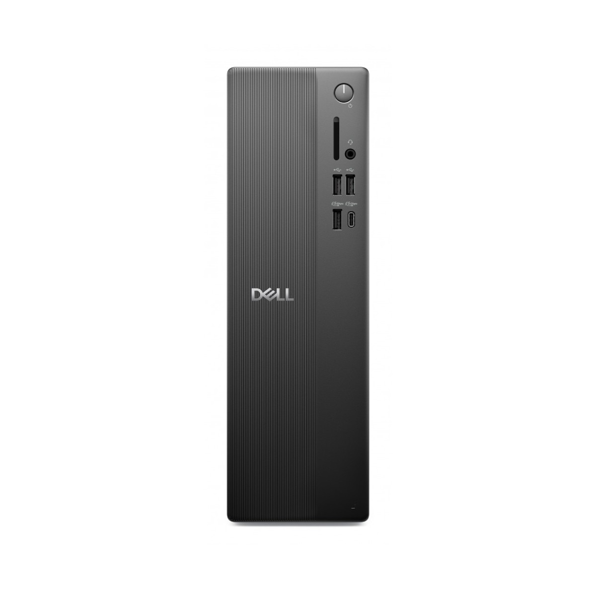 PC desktop Dell nero con scanalature verticali e porte frontali.