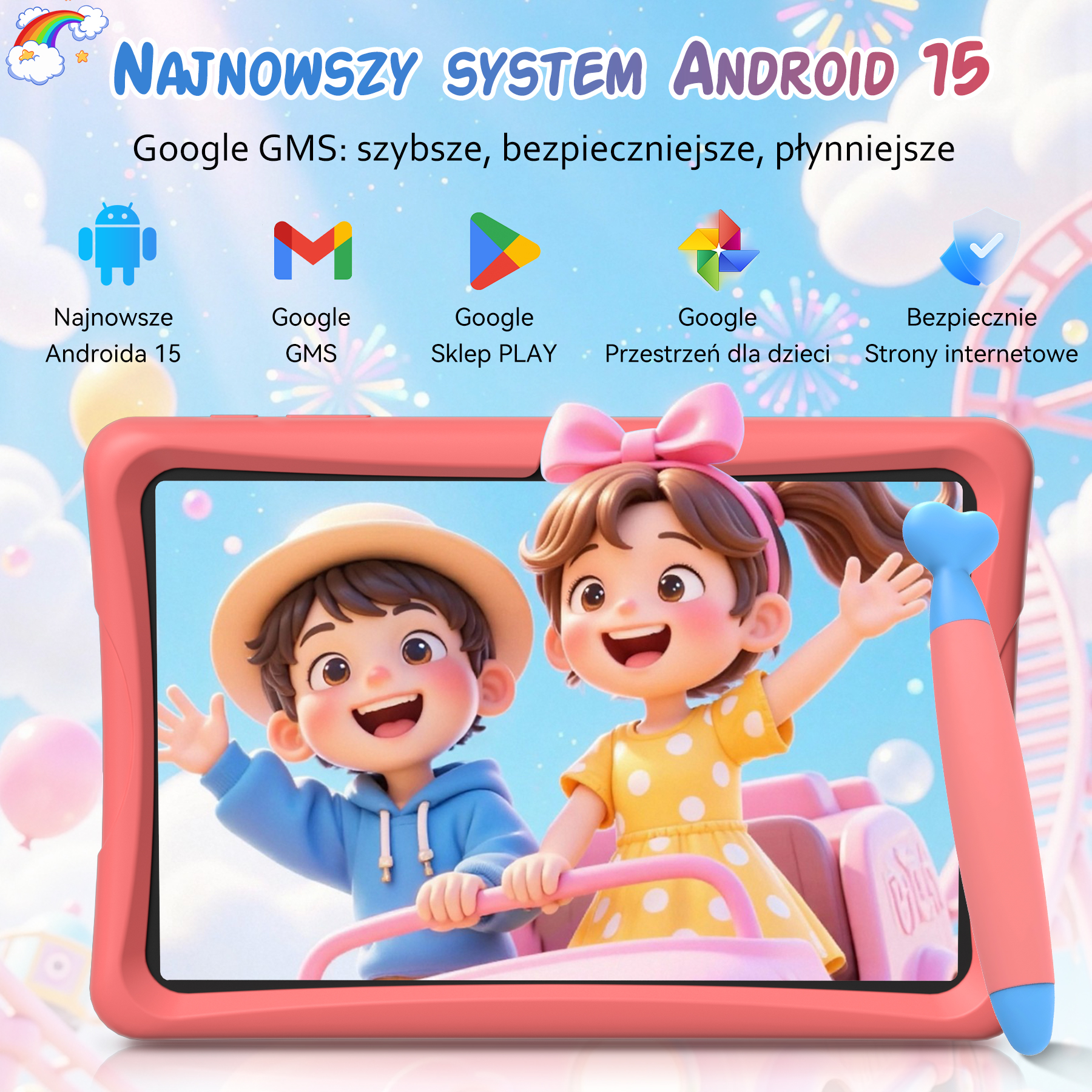 Tablet z Androidem 15, dzieci na przejażdżce. Wymienione aplikacje Google.