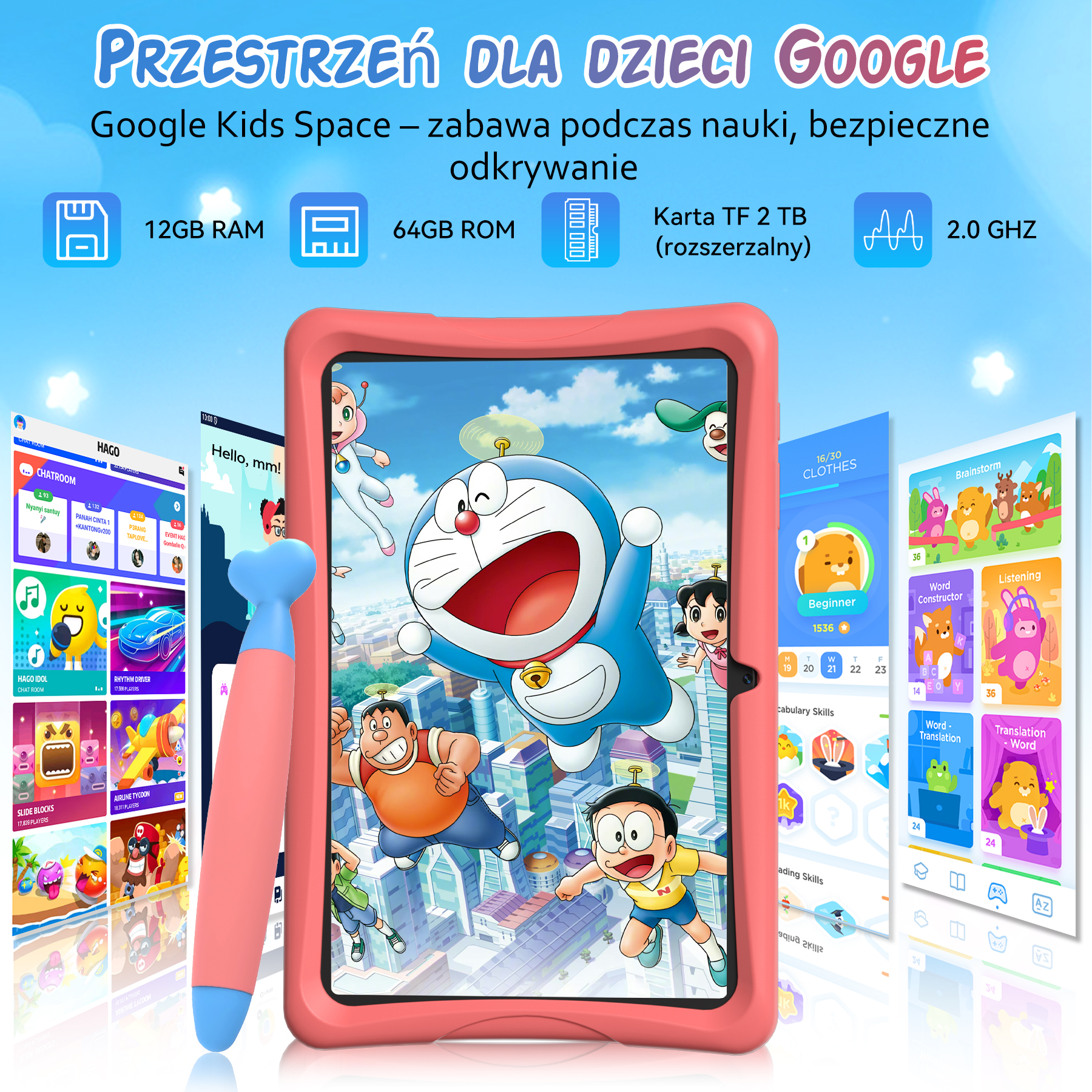 Tablet w różowej obudowie z Doraemonem i przyjaciółmi, otoczony ikonami aplikacji.