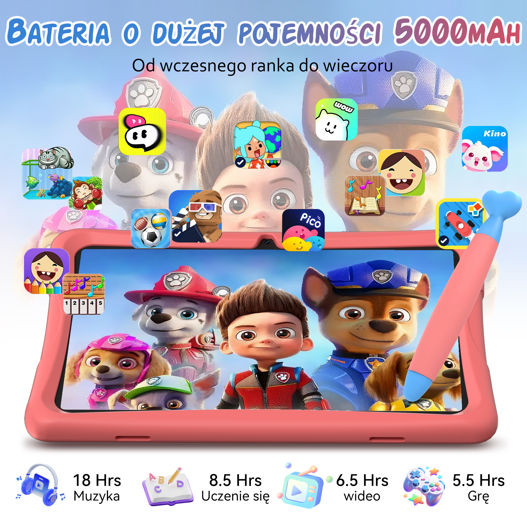 Tablet z postaciami Psiego Patrolu i ikonami aplikacji, z podanym czasem pracy baterii.