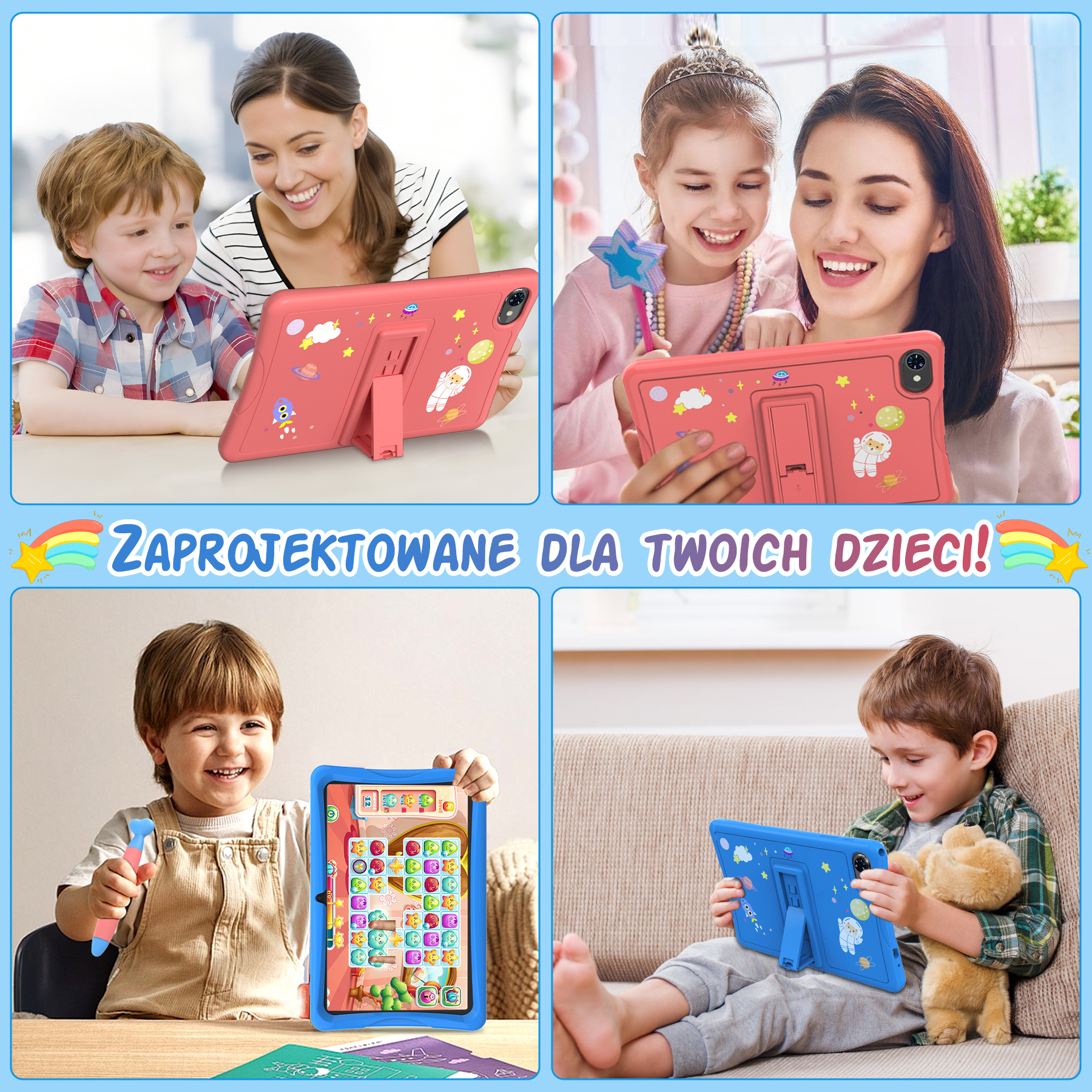 Cztery sceny pokazują dzieci z tabletami. U góry po lewej: matka i syn. U góry po prawej: matka i córka. Na dole po lewej: chłopiec z zabawką. Na dole po prawej: chłopiec z misiem.