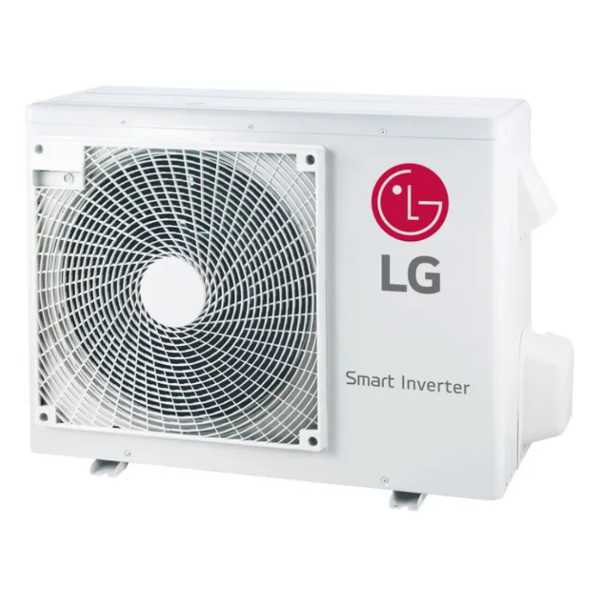 Unità esterna condizionatore LG bianca con griglia e logo.