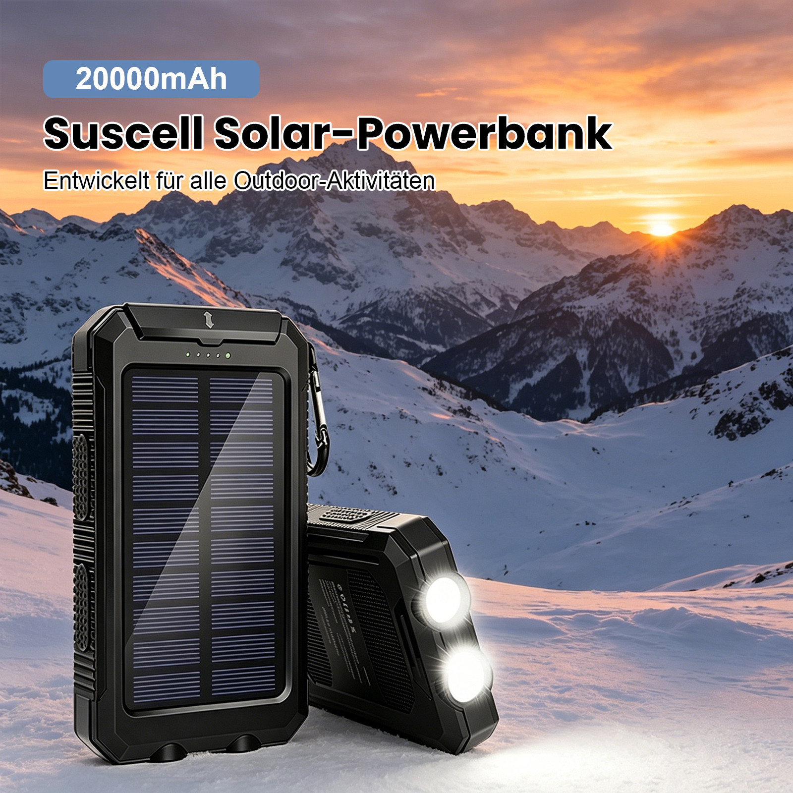 Schwarzes Solar-Powerbank mit Lichtern im Schnee vor Bergkulisse bei Sonnenuntergang.