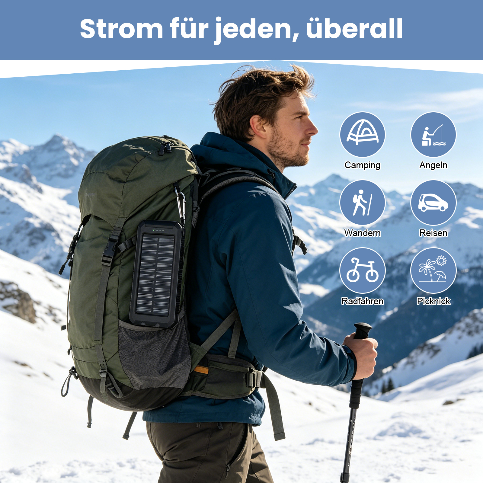 Ein Mann mit Rucksack und Solarpanel in verschneiter Berglandschaft.