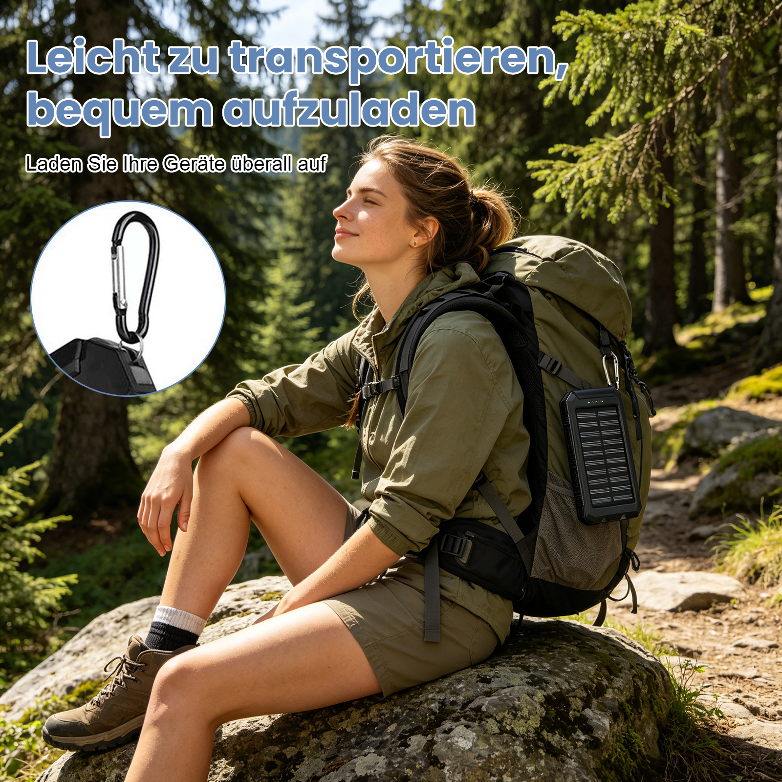 Frau mit Rucksack im Wald, Solarpanel am Rucksack befestigt.