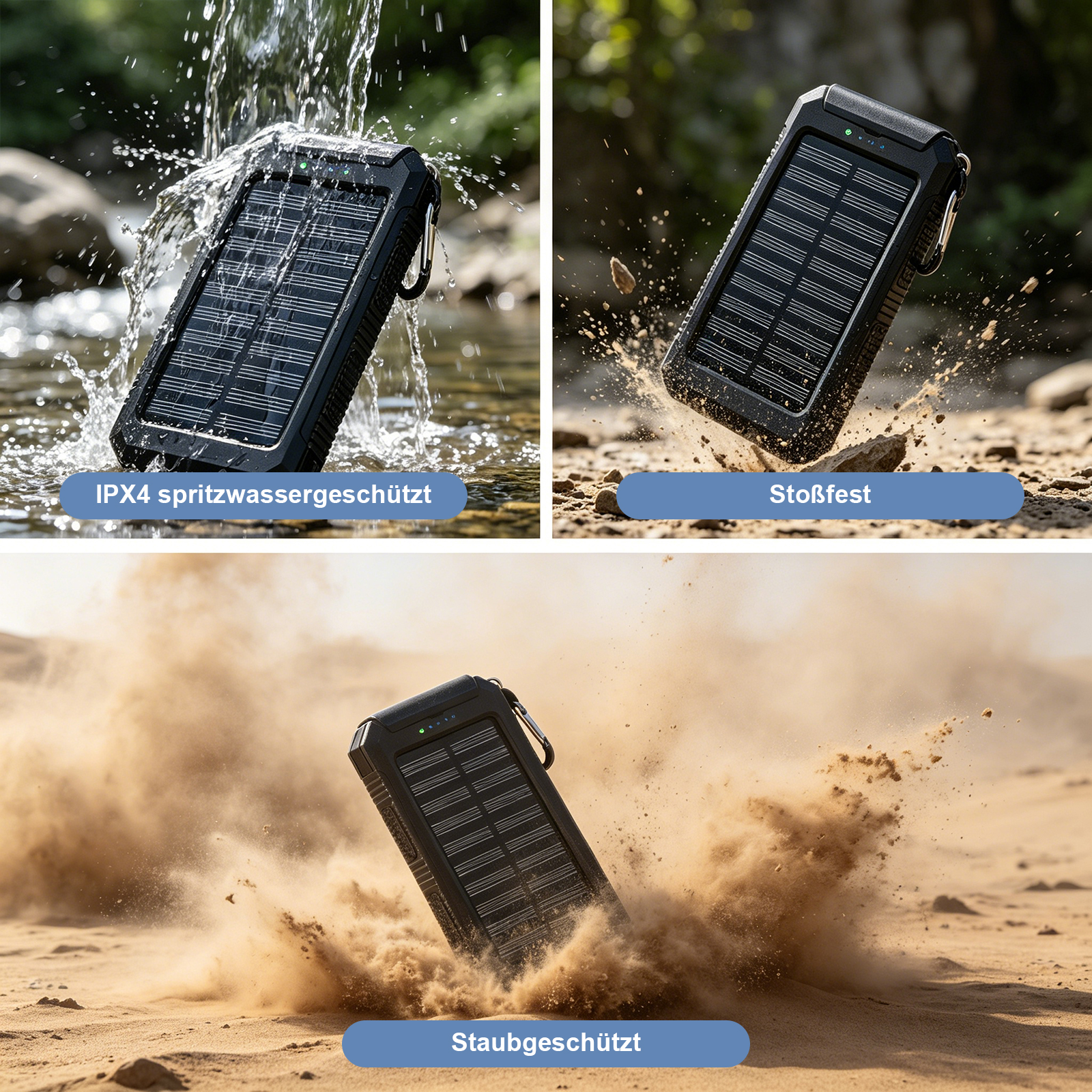 Schwarzes Powerbank in Wasserspritzern, fällt auf Steine und wirbelt Sand auf.