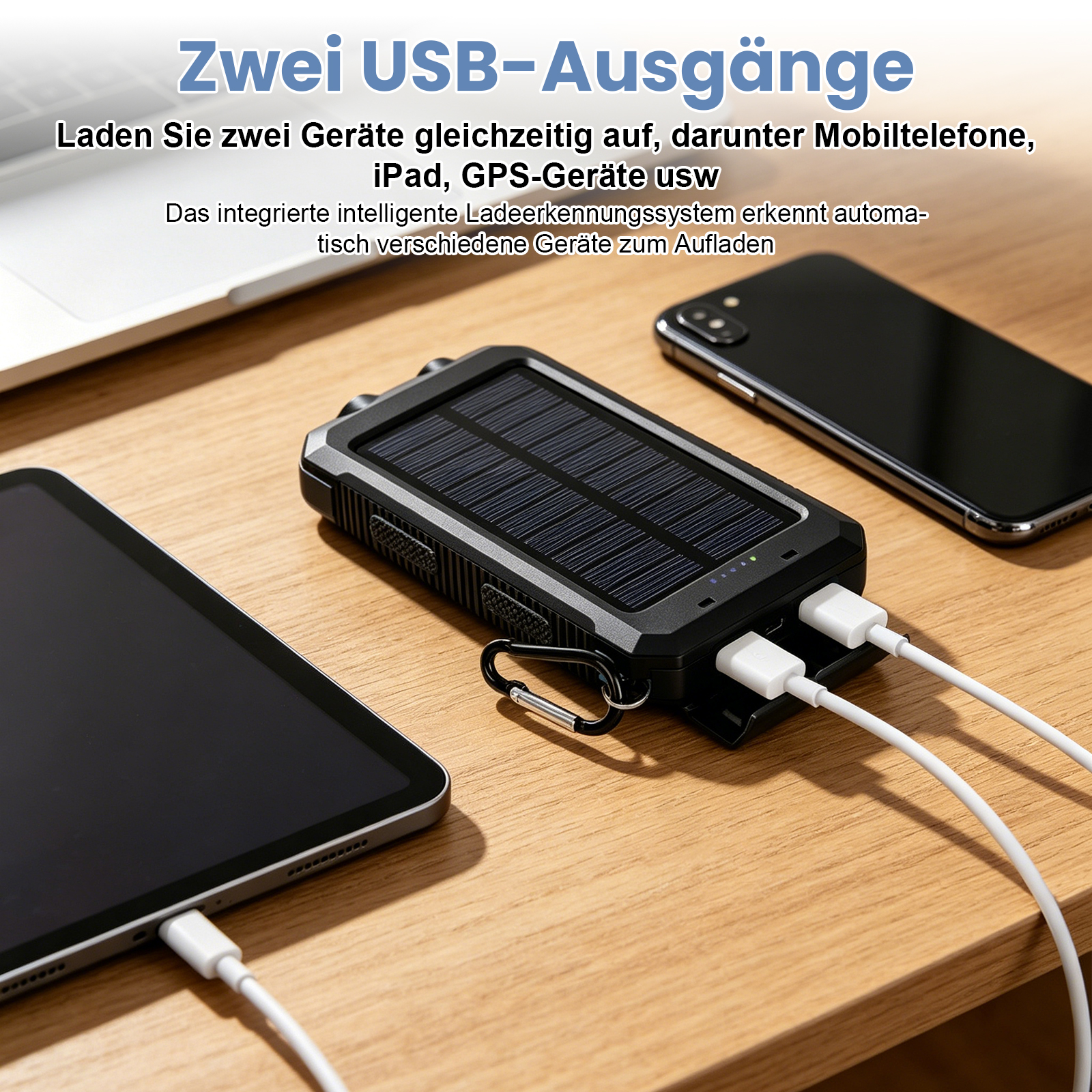 Ein schwarzes Solar-Ladegerät lädt ein Tablet und ein Smartphone auf.