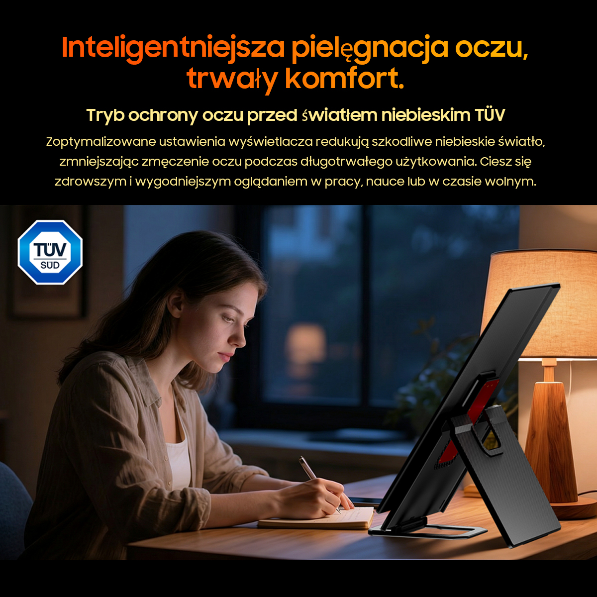 Kobieta pisze w notatniku, oświetlona lampą. Monitor na stojaku.