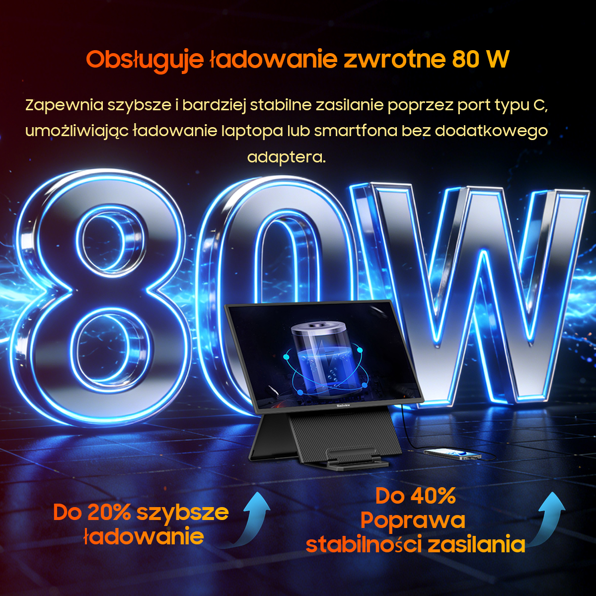 Duży, świecący wyświetlacz 80W z monitorem pokazującym baterię.