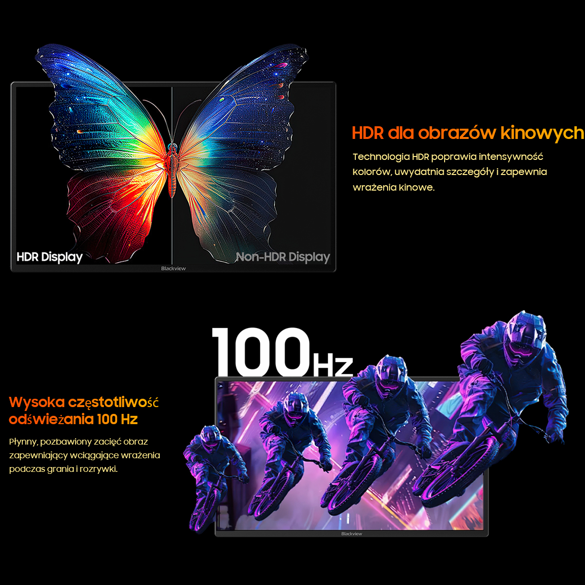 Dwa wyświetlacze motyli porównują HDR z Non-HDR. Poniżej: 100Hz z rowerzystami.