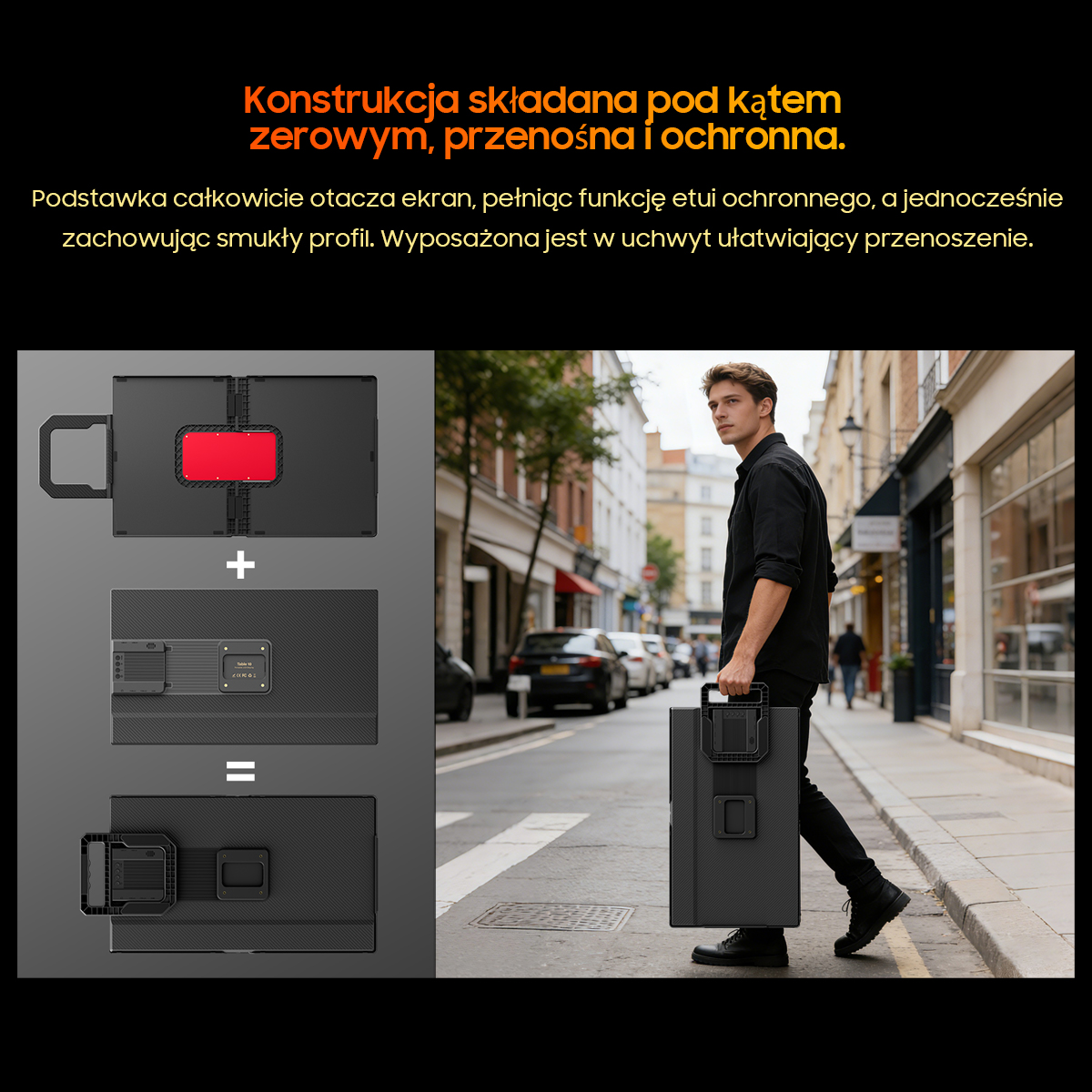 Mężczyzna niesie składany monitor z uchwytem na ulicy.