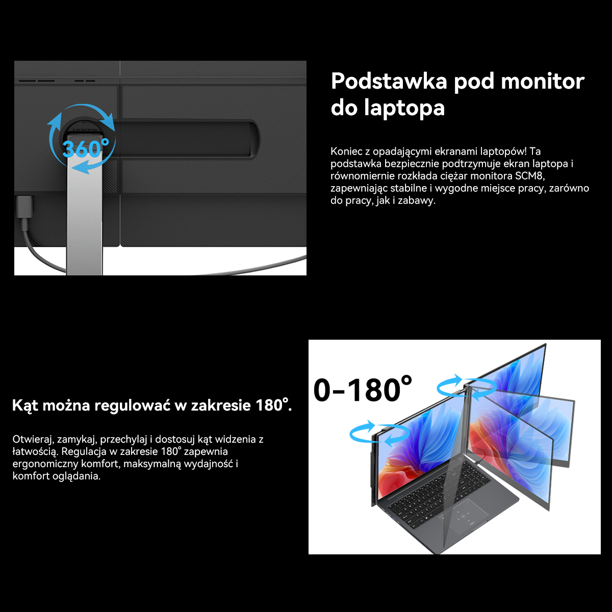 Podstawka pod laptop z obrotem 360° i regulacją kąta 180°.