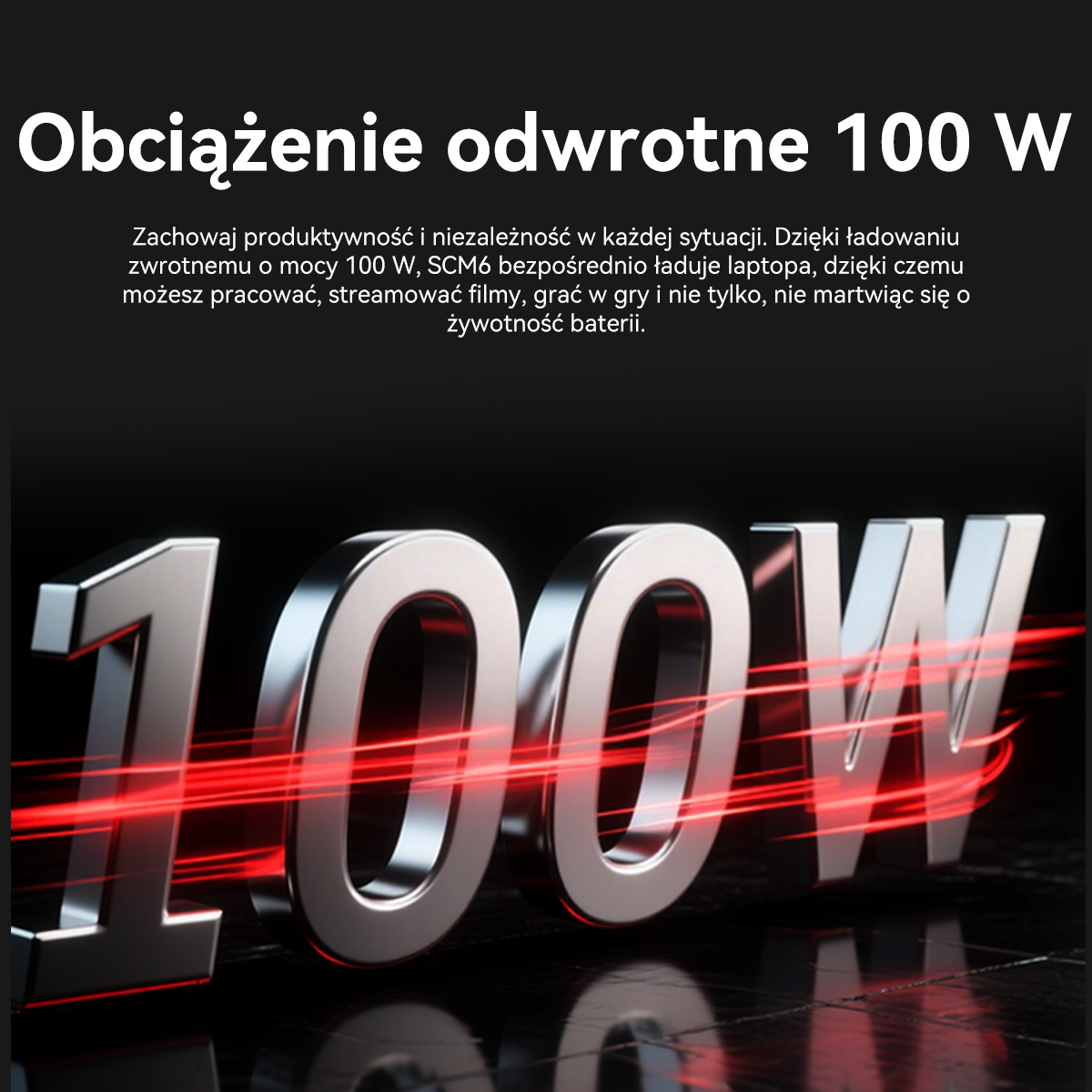 Duże srebrne cyfry 100W z czerwonymi smugami światła. Tekst na górze.