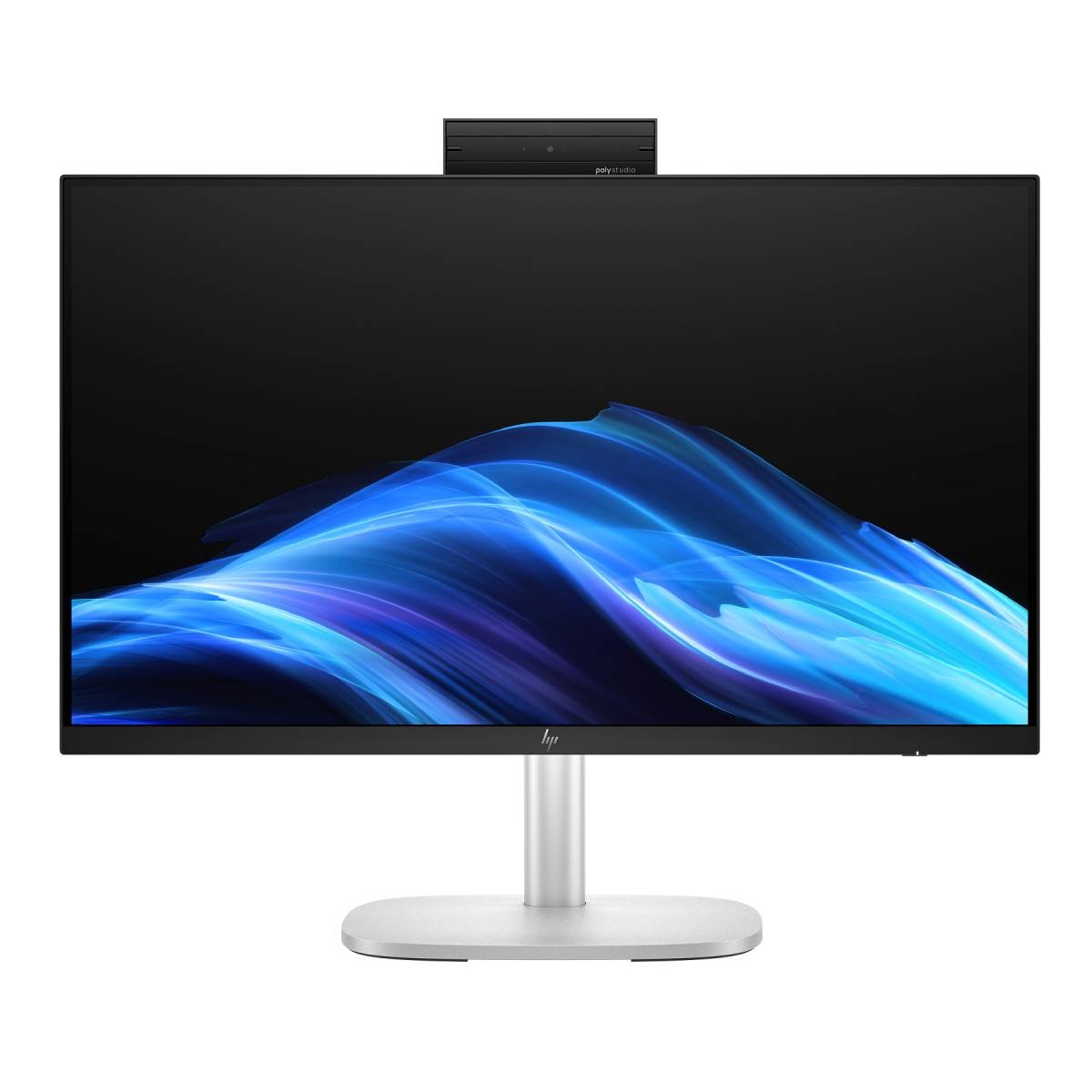 Un monitor argentato con un accessorio Poly Studio su un supporto argentato. Lo schermo mostra una grafica a onde blu.
