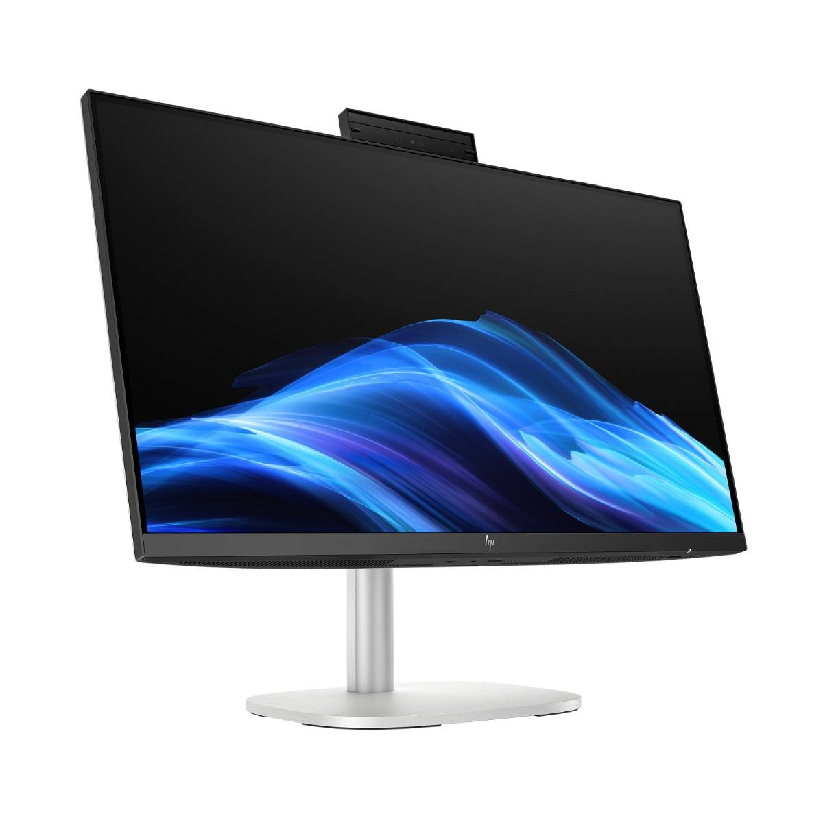 Un elegante computer all-in-one argentato con un ampio schermo che mostra un motivo blu astratto.