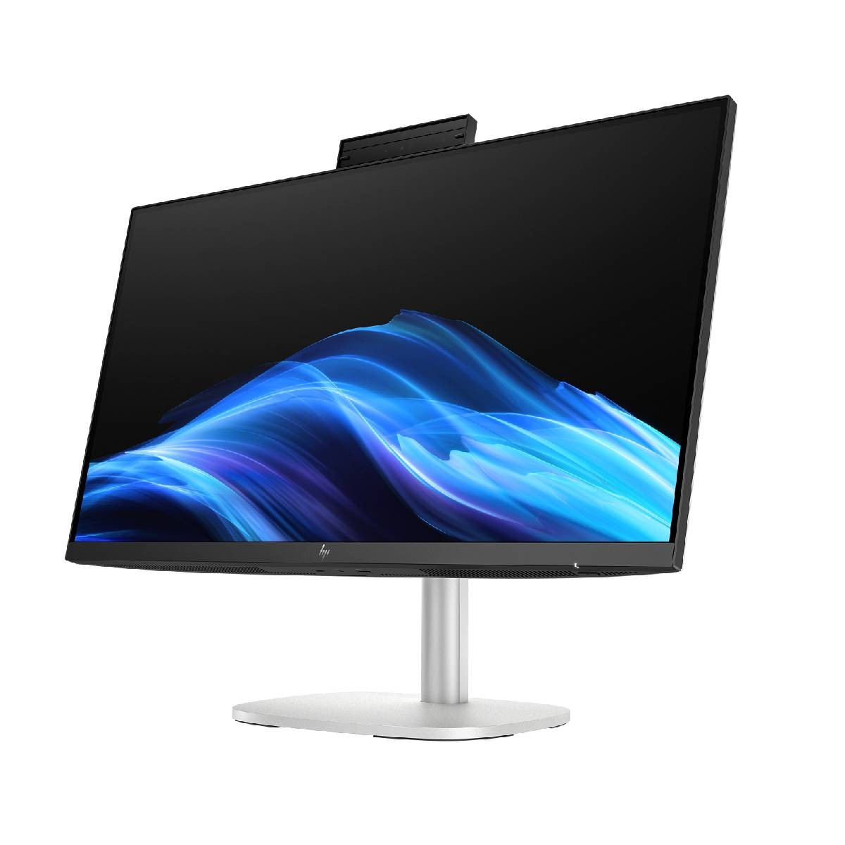 Un moderno computer all-in-one dal design elegante con motivo ondulato blu sullo schermo.