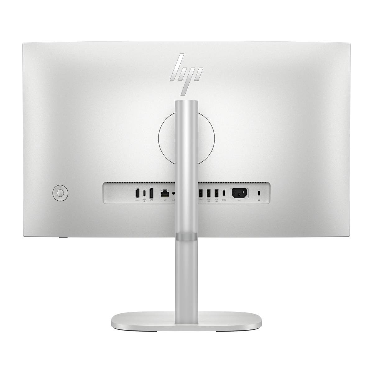 Retro di un computer all-in-one bianco con logo HP e porte.