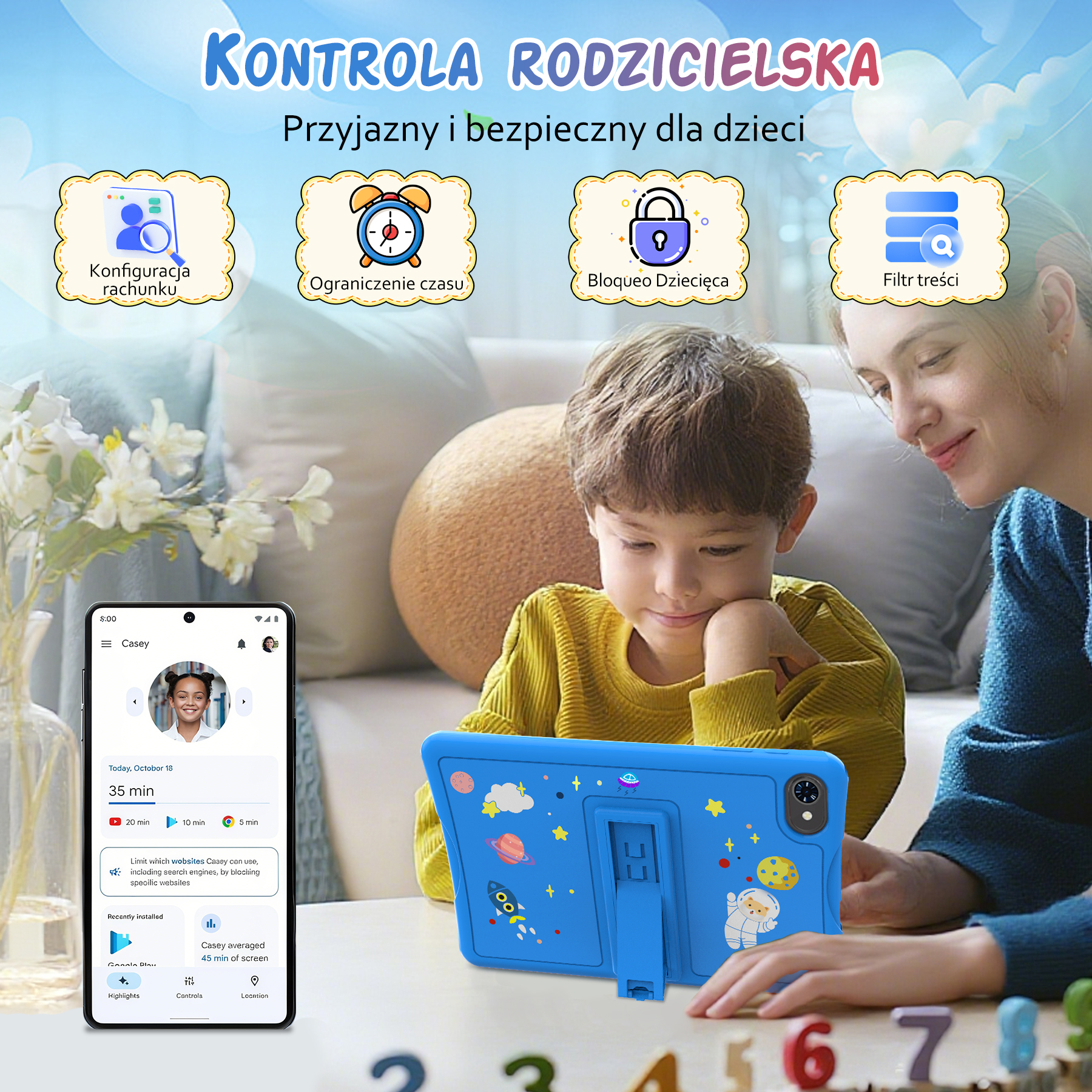 Matka i syn patrzą na tablet z ustawieniami kontroli rodzicielskiej.
