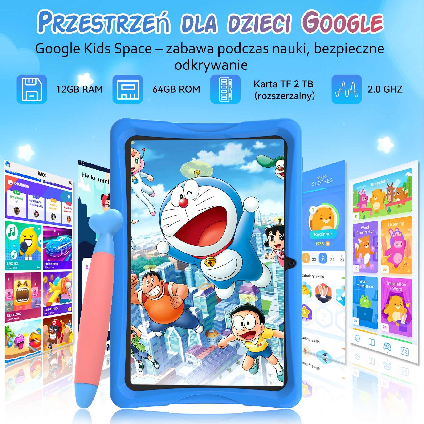 Tablet z Doraemonem i przyjaciółmi na ekranie, po bokach aplikacje.