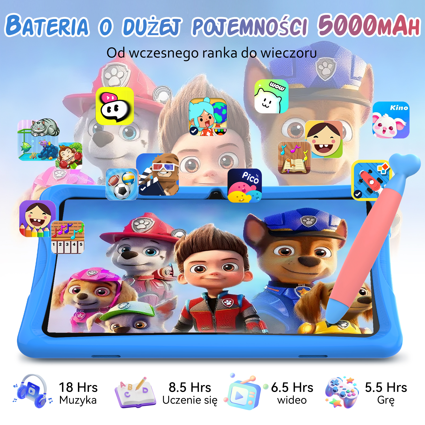Tablet z postaciami Psiego Patrolu i ikonami aplikacji. Bateria 5000mAh.