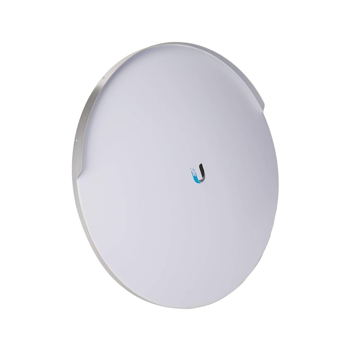 Un'antenna parabolica bianca con bordo argentato e logo blu-nero.