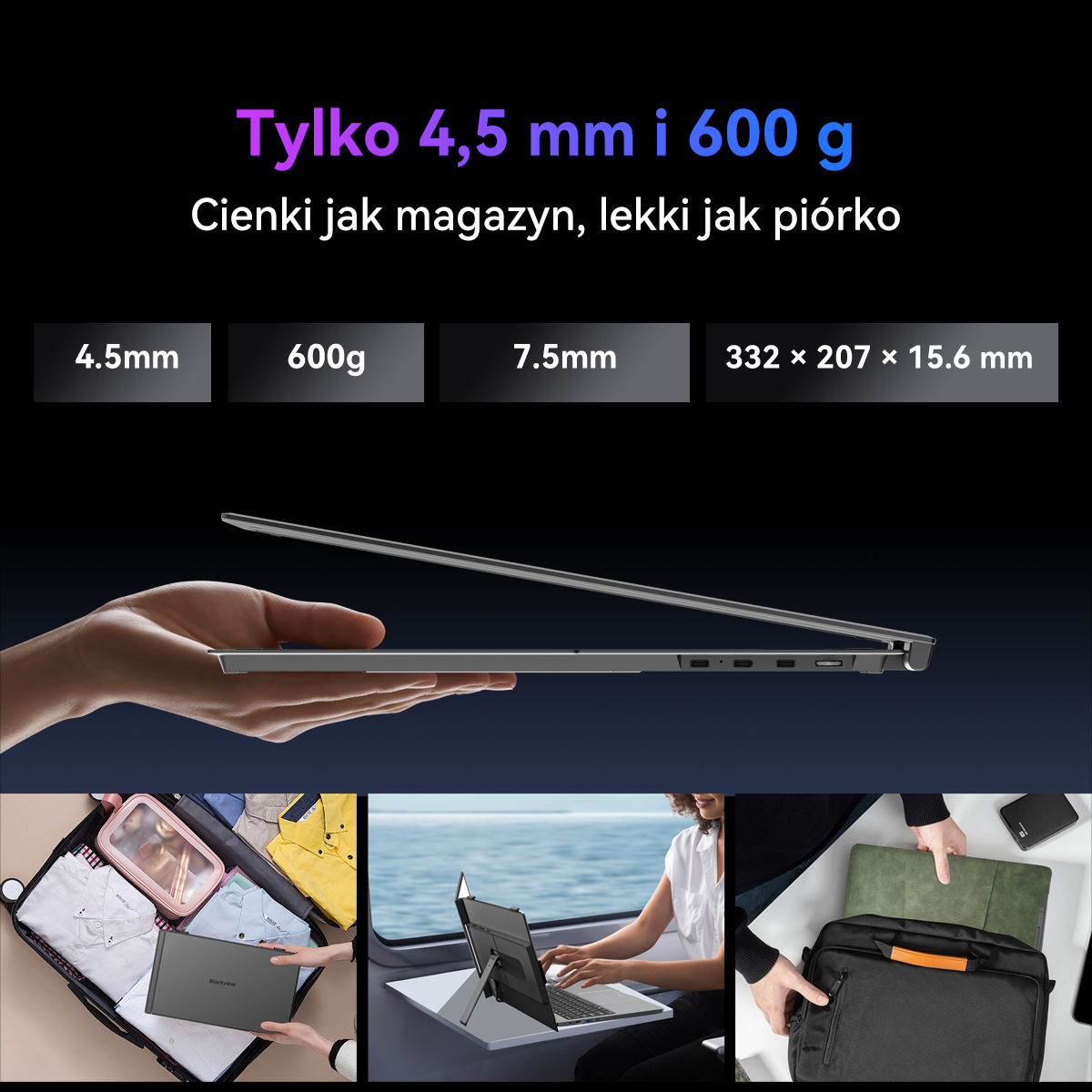 Cienki laptop trzymany w dłoni. Poniżej: Pakowanie, praca na wodzie, chowanie.