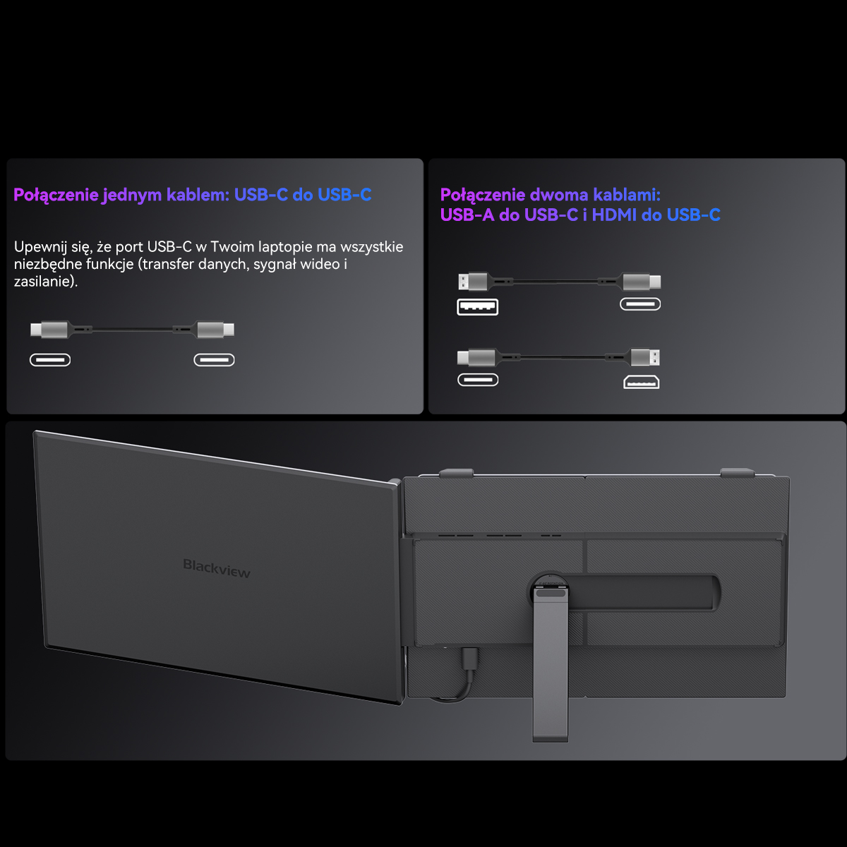 Dwa monitory Blackview połączone przez USB-C i HDMI.
