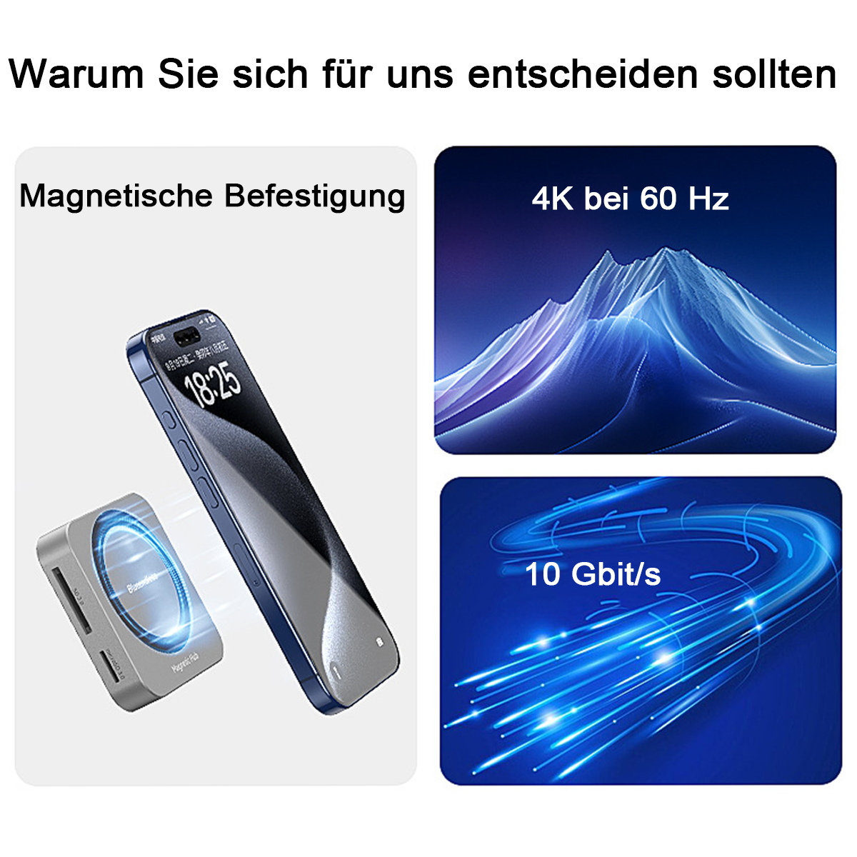 Ein Smartphone mit magnetischer Halterung, 4K bei 60 Hz und 10 Gbit/s.
