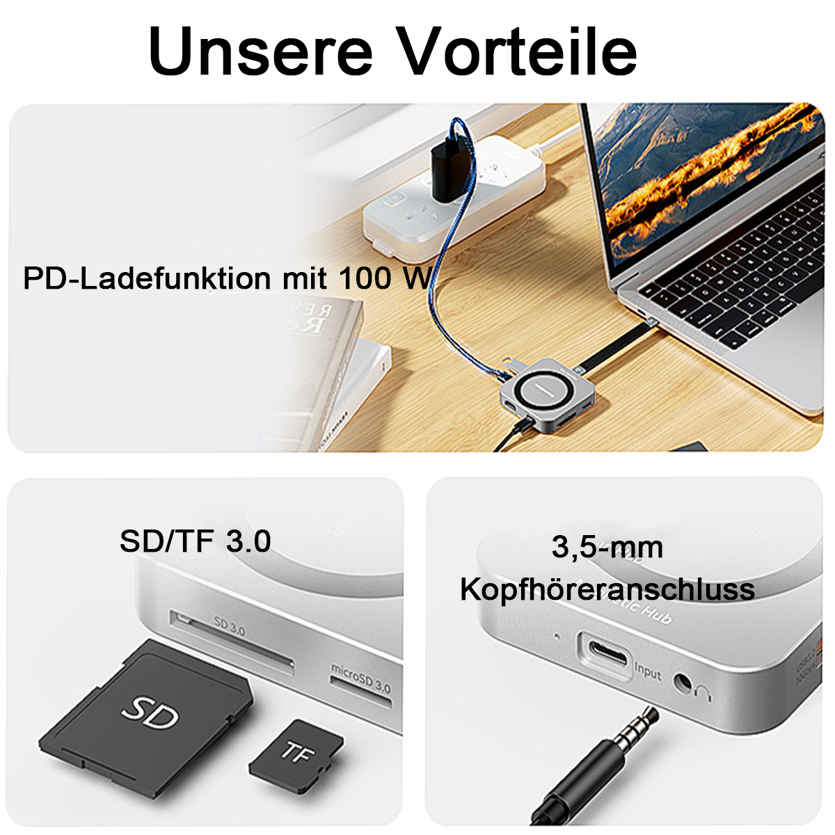 Ein Laptop wird über einen Hub mit Strom versorgt, daneben SD-Kartenleser und Kopfhöreranschluss.