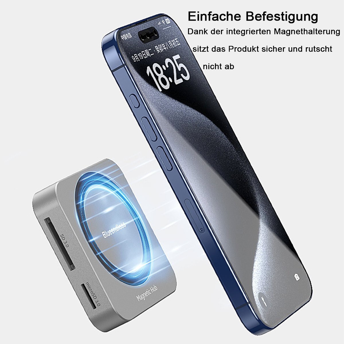 Ein grauer magnetischer Hub mit SD- und microSD-Steckplätzen neben einem blauen Smartphone.