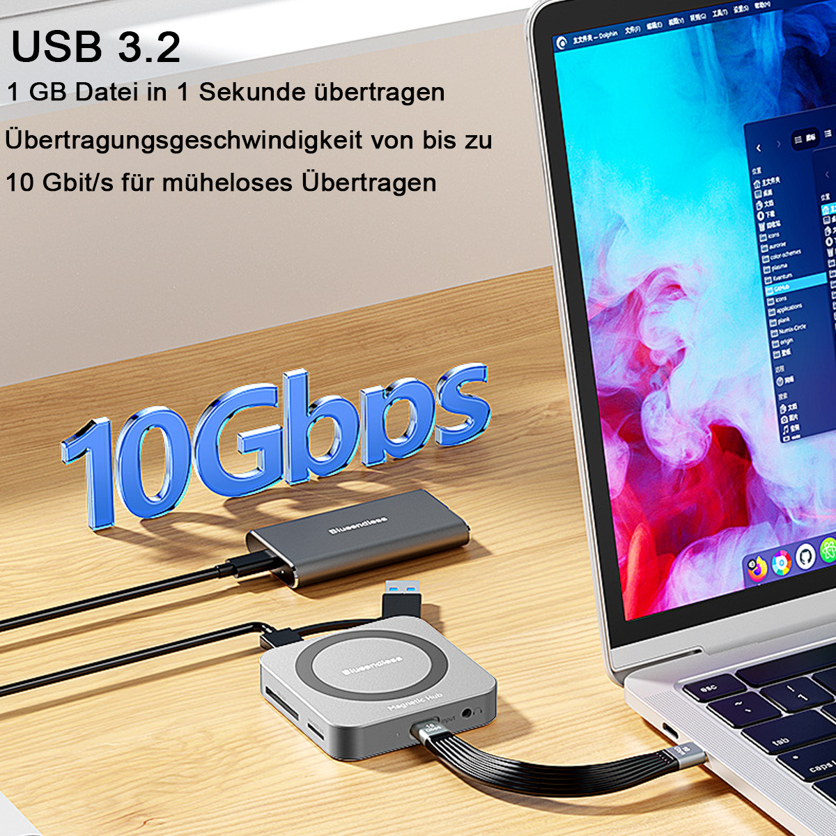 USB 3.2 Hub mit 10 Gbps Übertragungsrate, angeschlossen an einen Laptop.