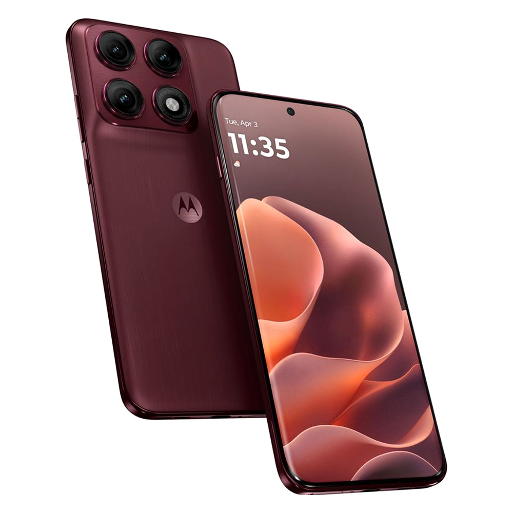 Due smartphone Motorola rosso scuro, uno con quattro fotocamere, l'altro con display.