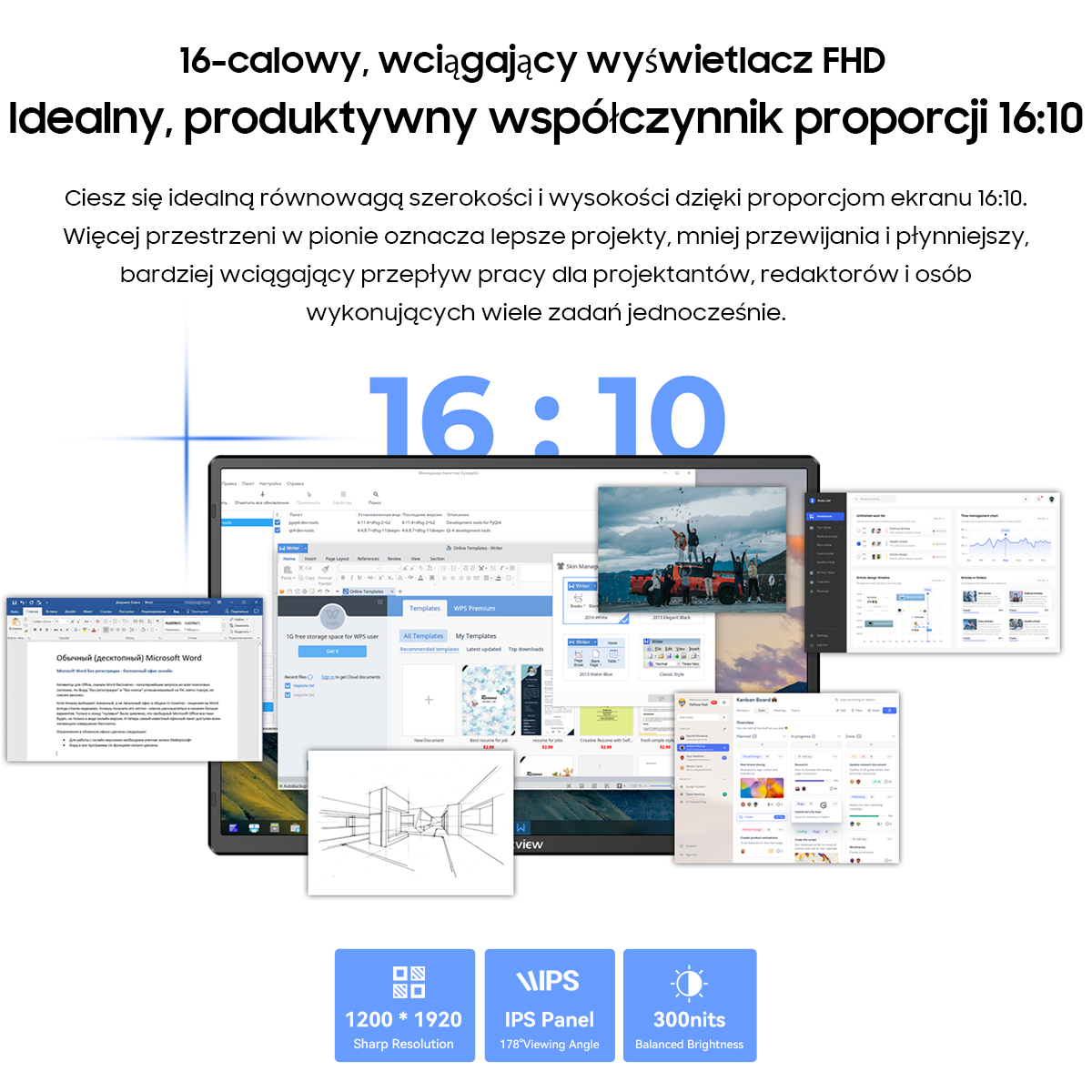 Monitor FHD 16:10 wyświetlający różne otwarte dokumenty i ikony Office.