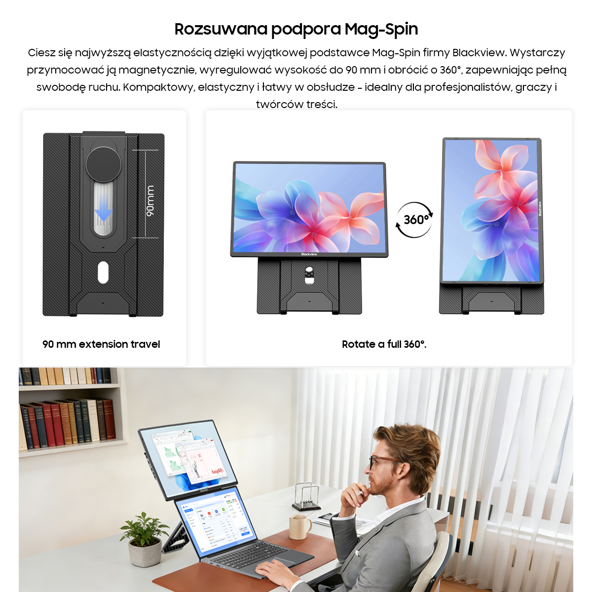 Czarny stojak z dwoma ekranami, wysuwany na 90mm i obracany o 360°.