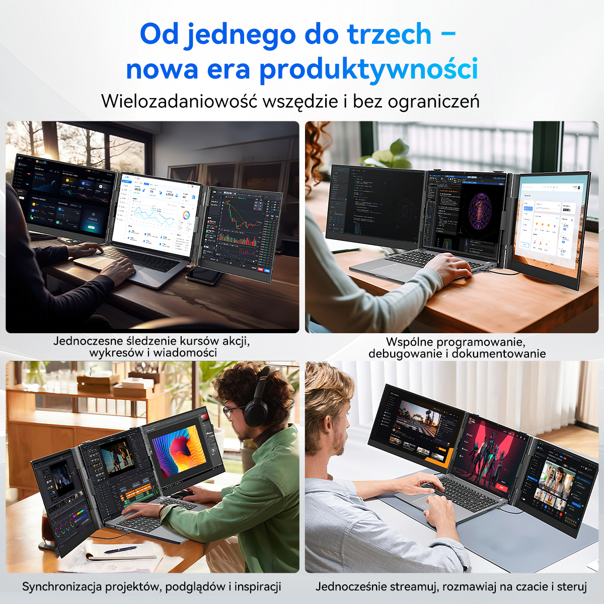 Cztery sceny pokazują laptopy z wieloma ekranami do pracy, programowania, edycji wideo i streamingu.