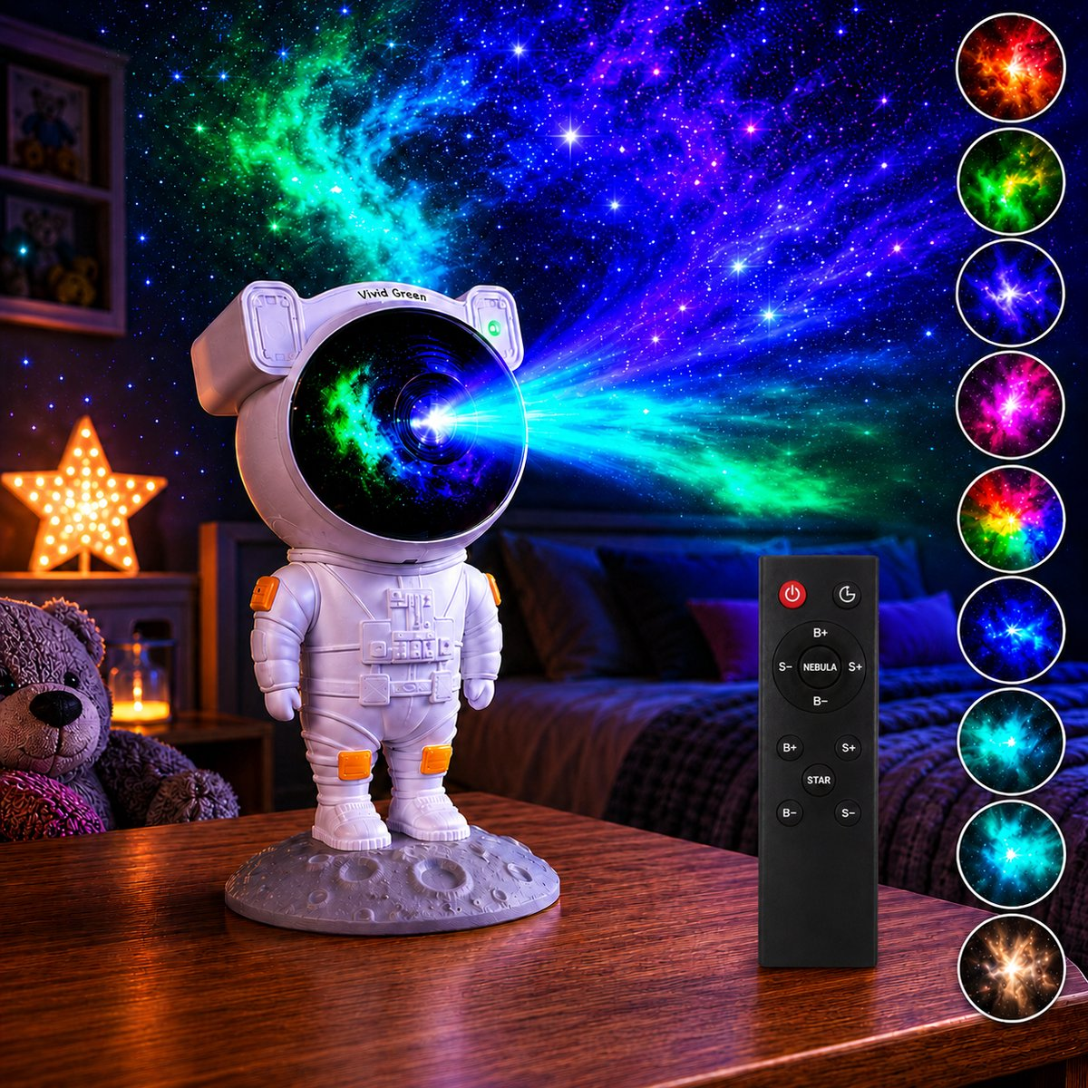 Astronautenprojector werpt sterrennevel op muur en plafond, afstandsbediening ernaast.
