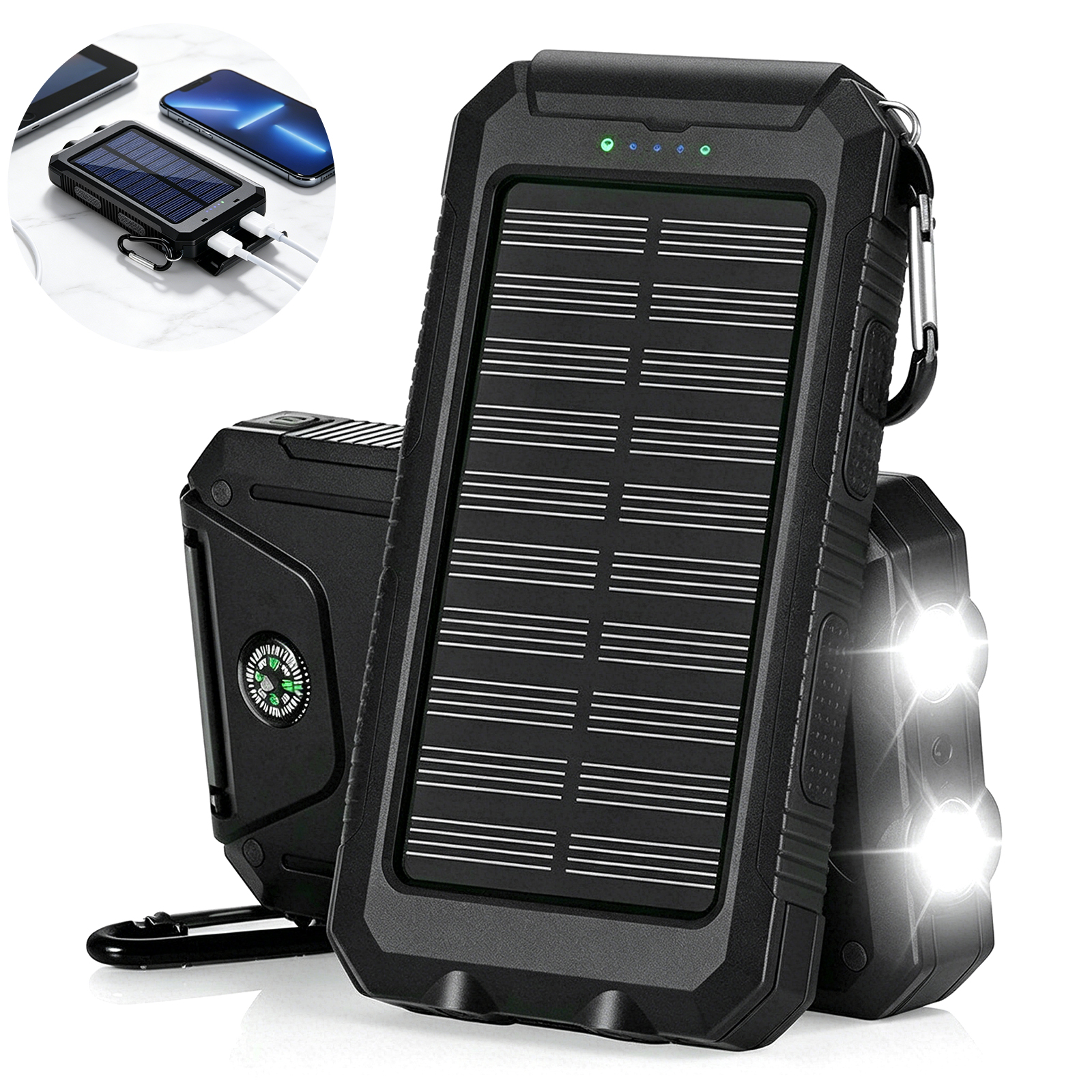Schwarzes Solar-Ladegerät mit zwei Lichtern und Kompass. Ladehandys mit Kabel.
