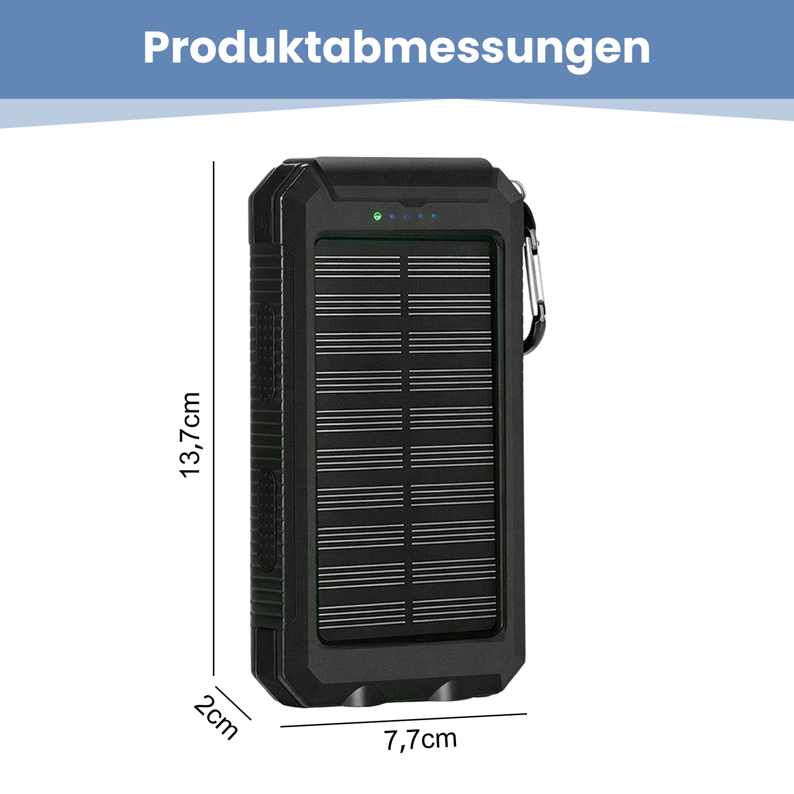 Schwarzes Solarladegerät mit Maßen 13,7cm x 7,7cm x 2cm.